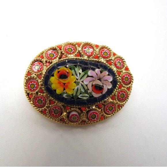 Vintage Italian Micro Mosaic Floral Brooch Millefiori Pin Gold Tone Oval Shape - Picture 1 of 13